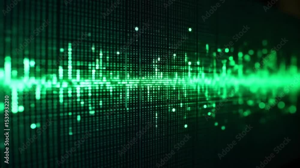 Poster dynamic green audio waveform visualizing sound frequency on a dark screen