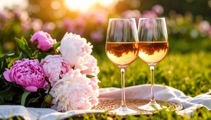 Two glasses of red wine and flowers on a table, perfect for a romantic celebration or dinner