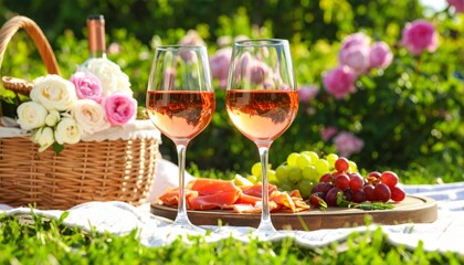 A romantic garden picnic with red wine, gourmet food, and a delicious cheese salad
