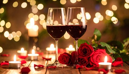 Elegant champagne and red wine with roses, perfect for romantic celebrations and holiday gifts
