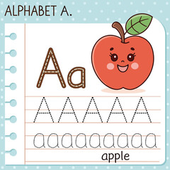 Alphabet Learning Page with Letter A and Smiling Cartoon Apple