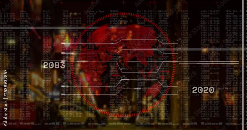 Poster after timeline update, red digital globe rotating and shifting labels, visualizing data flow