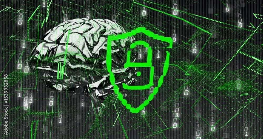 Poster On start brain rotating shield counting morphing into padlock securing intensifying binary streams