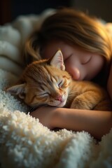 A small one nestled close to its caregiver, both sleeping peacefully , sleepy, white