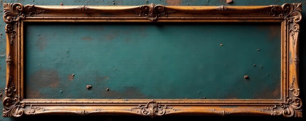 Ornate carved wooden picture frame, aged patina , detail, white background, grungy