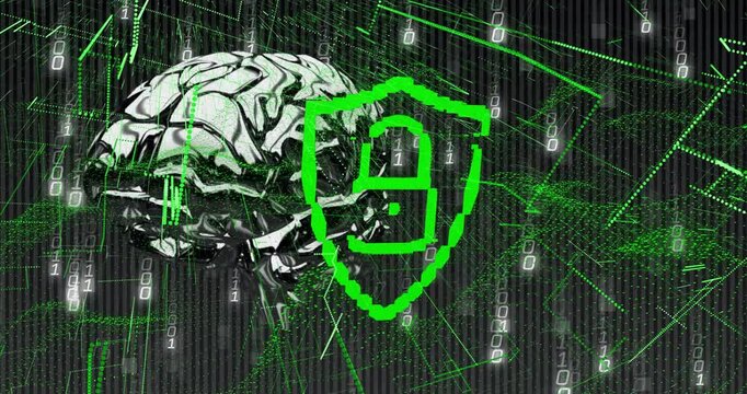 On start brain rotating shield counting morphing into padlock securing intensifying binary streams