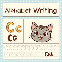 Alphabet Writing Card with Striped Letter C and Cartoon Cat Illustration