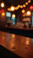 Warm wood tabletop, blurred festive lights, dark pub background, out of focus, vintage, background