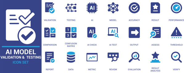 
AI model validation and testing icon set featuring symbols like accuracy, result, performance, evaluation, metric, confusion matrix, output, and assessment.


