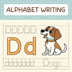 Educational Alphabet Writing Page Featuring a Smiling Cartoon Dog and Letter D