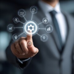 IT Consulting. Businessman holds digital consulting network connecting icon representing IT solutions, focusing on innovation, strategy, optimization, growth, and technology-driven success 