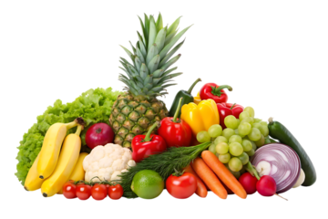 Fresh fruit and vegetable assortment isolated on transparent background