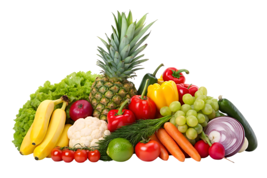 Fresh fruit and vegetable assortment isolated on transparent background