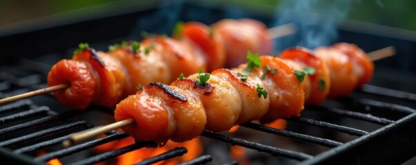 Perfectly grilled shashlik on a BBQ grate, close-up, grilled, food photography