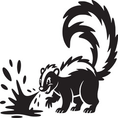 Cartoon skunk spraying a black liquid with a fluffy tail in a black and white illustration style