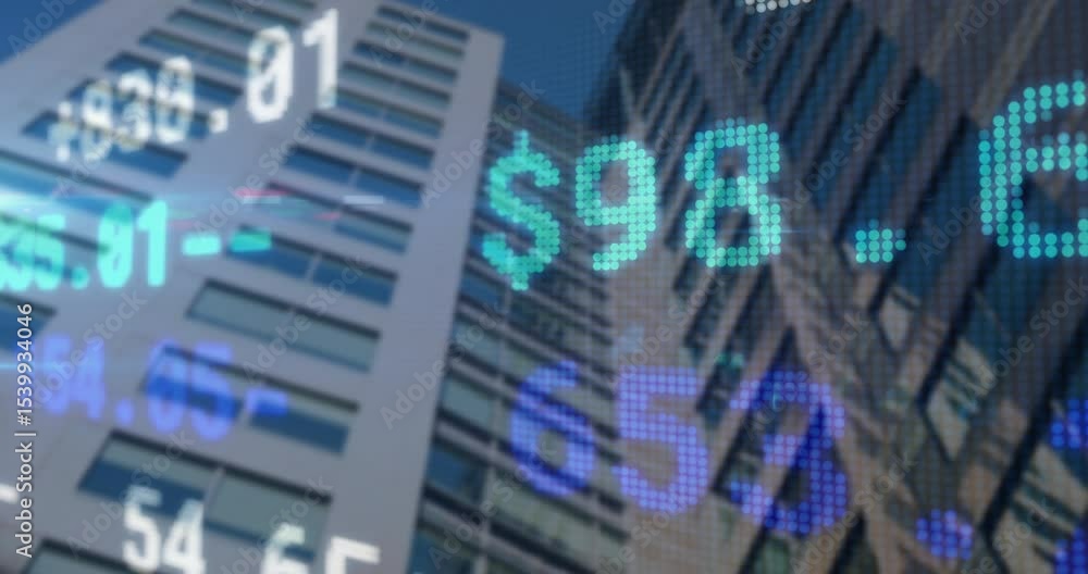 Aufkleber on play digital ticker overlay floating between towers updating live prices simulating market feed