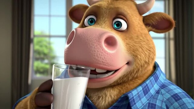 3D animation of a cartoon cow drinking milk from a bowl. Fun and playful farm animal concept, perfect for children&rsquo;s content, dairy ads, or educational videos.