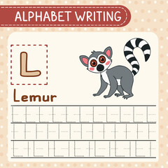 Educational Lemur Illustration with Letter L and Writing Practice for Children.