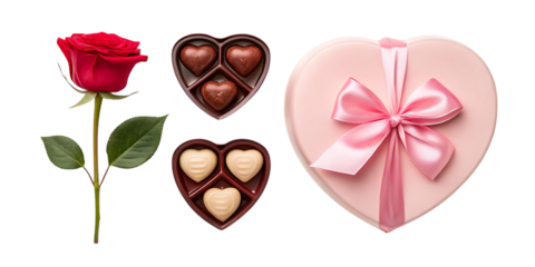 Valentines day gift set rose chocolates box isolated on transparent background