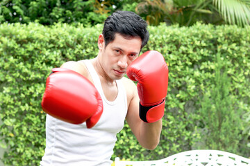 Muscular Asian man wears boxing gloves, punch in the air to exercise. Fitness strong man workout...