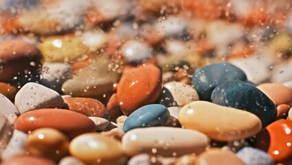 A close-up shot of colorful pebbles, creating a vibrant display. The stones are smooth and shiny, and droplets of water add to their beauty