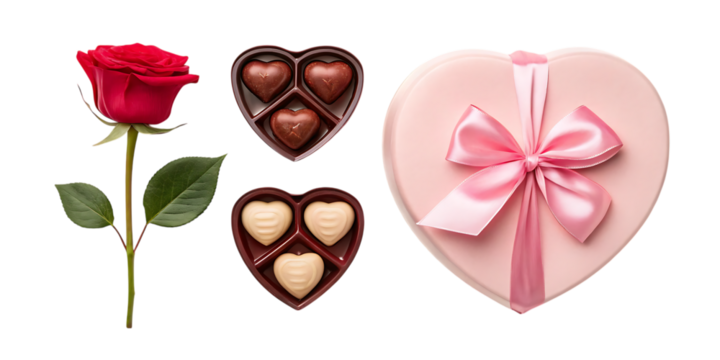 Valentines day gift set rose chocolates box isolated on transparent background