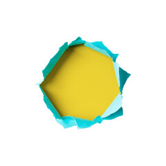 Close-up image of a blue paper sheet with a jagged hole torn through the center, revealing a transparent background.