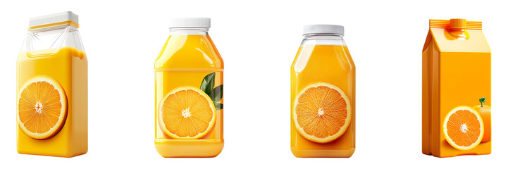 Collection of orange juice pack mockups, isolated on a transparent background