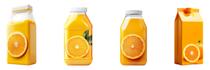 Collection of orange juice pack mockups, isolated on a transparent background