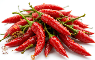 Closeup of glossy red chili peppers with green leaves