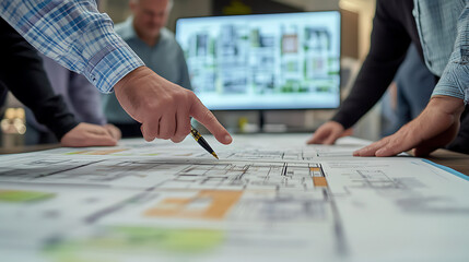 Businesspeople collaboratively work on financial reports and contracts at a meeting table in the office, with a manager and team analyzing data on paper and computer