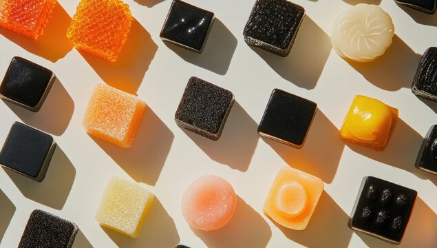 Colorful, square, and round gummies arranged in a grid pattern on a white surface, casting shadows