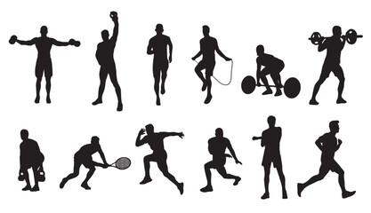 Vector illustration of male athletes in various workout and sport poses. Includes weightlifting, running, jumping rope, stretching, playing tennis, sprinting, and functional training
