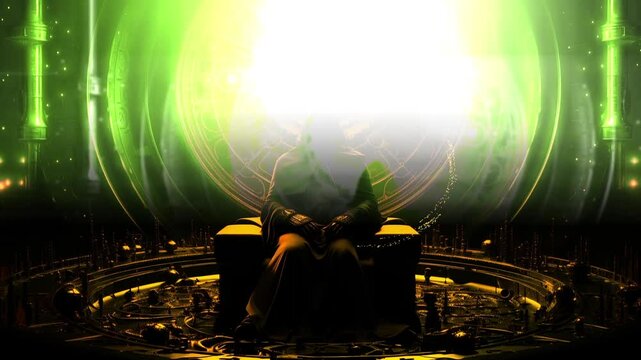 A Mysterious Hooded Figure Sits on a Throne with Green Glowing Energy