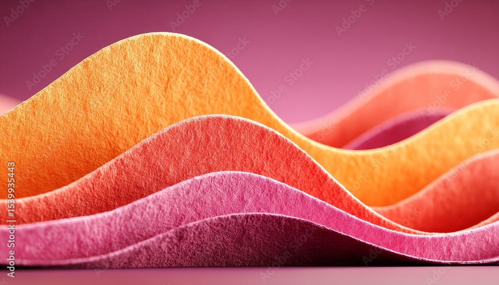 Poster red and pink folded paper art with wavy structures and gentle color gradient background design
