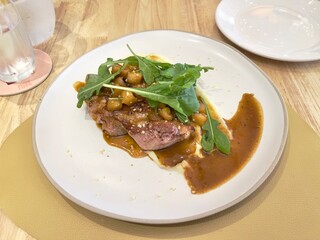 Pork steak in apple sauce served with mashed potatoes. Western food, selective focus