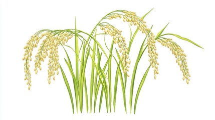 Illustration of golden rice stalks and green leaves, isolated against white background