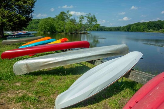 Rows of canoes and kayaks on the grassy shores of Pennsylvania lake state park woodland background green foliage calm water blue sky vacation weekend outdoors