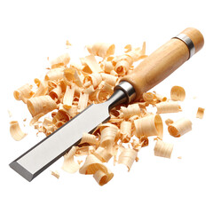 Wood chisel surrounded by wood shavings.