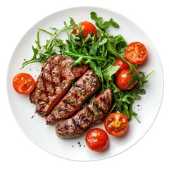 Steak with salad plate on transparent background.