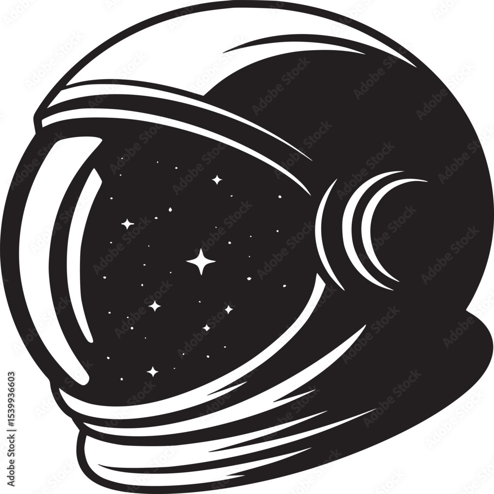 Wall mural a black and white graphic illustration of an astronaut helmet filled with stars and space elements