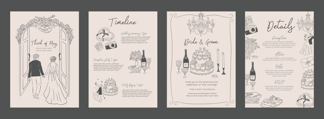 Collection of Wedding Invitation Hand drawn sketch Minimalistic Vector Illustration background template of couple, wedding timeline and food reception