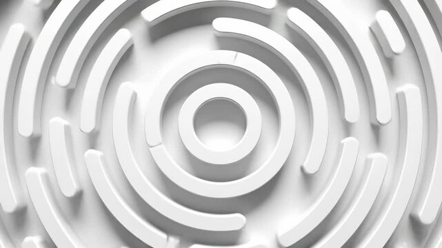 Abstract white 3D concentric circle maze, a modern minimalist puzzle symbolizing paths to a solution.
