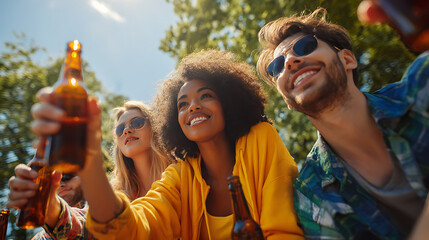 A joyful group of young friends and family smiling together, having fun outdoors, in summer party