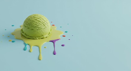 Green melting ice cream scoop with colorful sprinkles on light blue background. Sweet frozen dessert creates puddle. Summer food treat concept