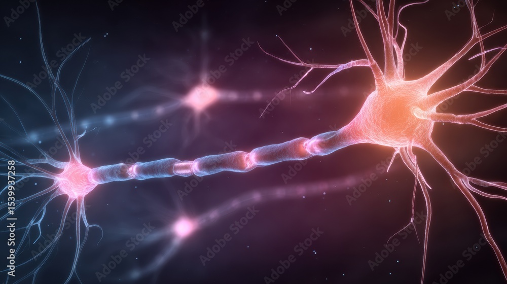 Poster Detailed Diagram of a Nervous System Highlighting Synapses With a Glowing Effect and Vibrant Gradient Background