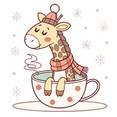 Frosty Winter colored Giraffe with a Happy touch, placed in a Cozy winter theme and styled with in a teacup