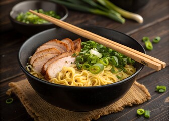 Delicious Chicken Ramen with Green Onions and Chopsticks