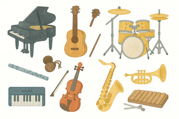 やさしい水彩風の楽器のイラストセット