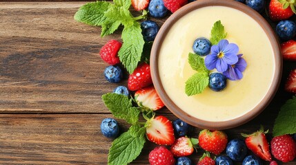 A vibrant bowl of yogurt surrounded by fresh berries and mint, set on a rustic wooden surface.